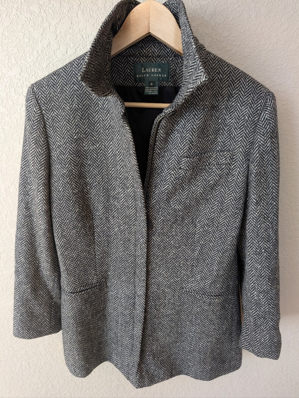 Lauren Ralph Lauren Gray Herringbone 100% Pure New Wool Coat
